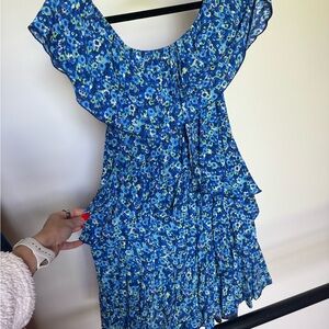 Zara Floral Blue Ruffle off the shoulder romper